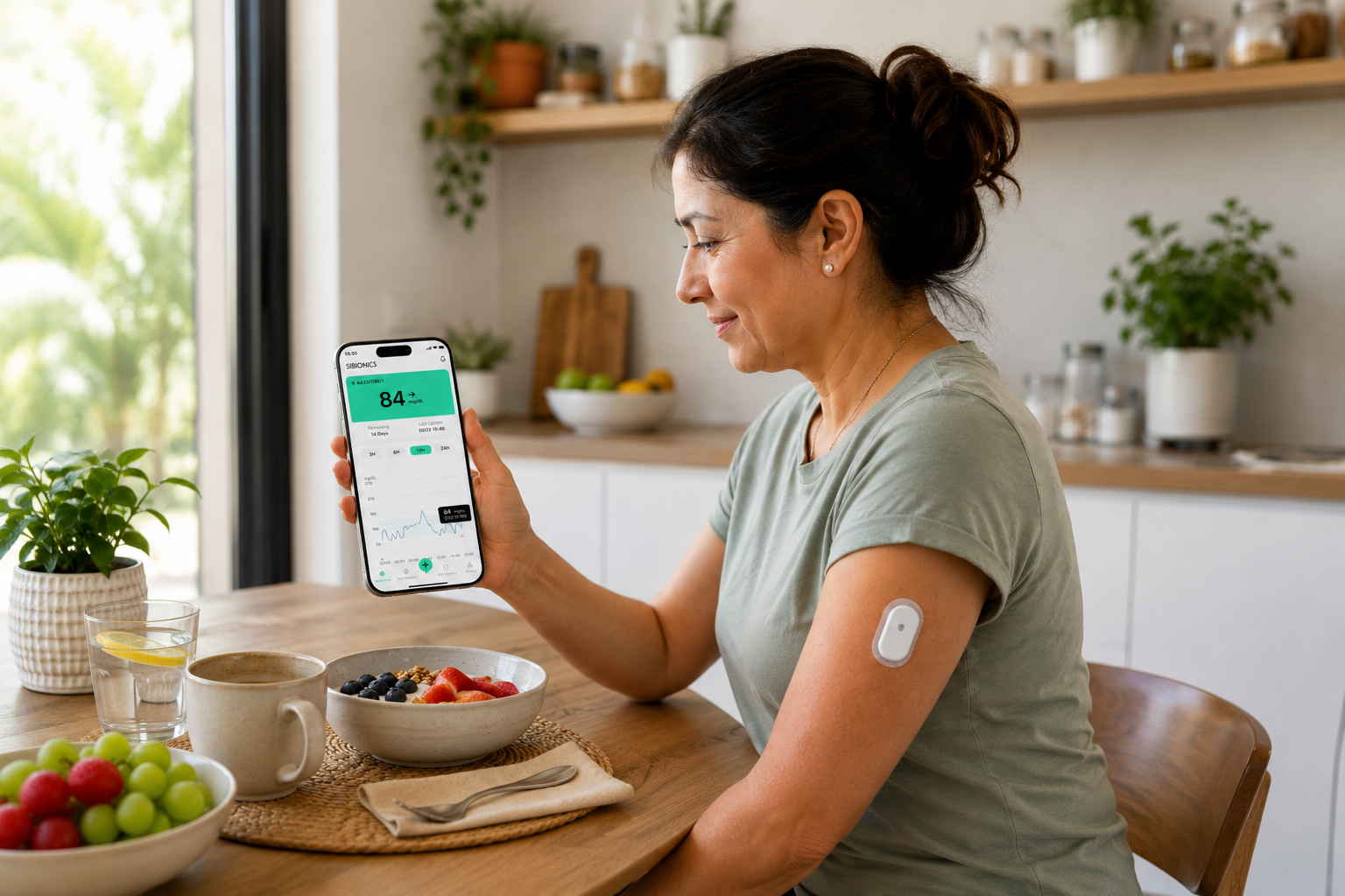 Usuaria con la app SIBIONICS en la cocina